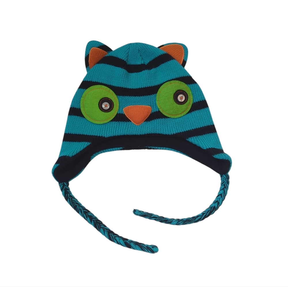 Winter Animal Themed Knit Hat with Earlaps and Braided Ties Teal Blue